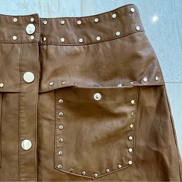 Zara Tan Faux Leather Front and Waist Gold Studded Midi Skirt with Front Studs - Picture 8 of 14